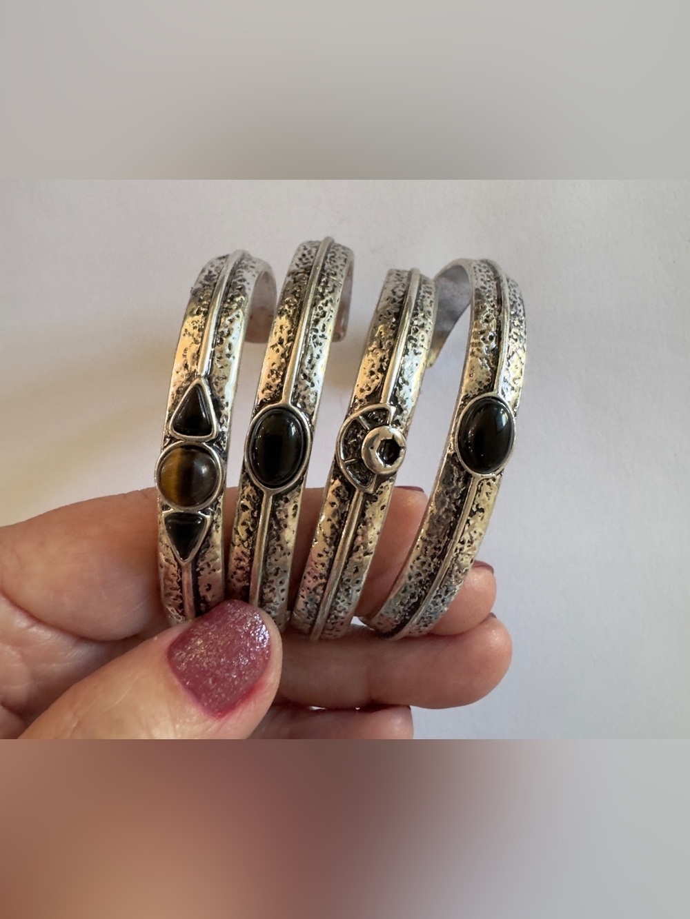 Shyanne Silver-Tone Cuff Bracelets with Brown Tiger Eye Accents